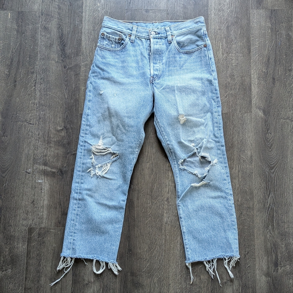 Levi's 501 Cropped Raw Hem Distressed Light Wash Button Fly Jeans